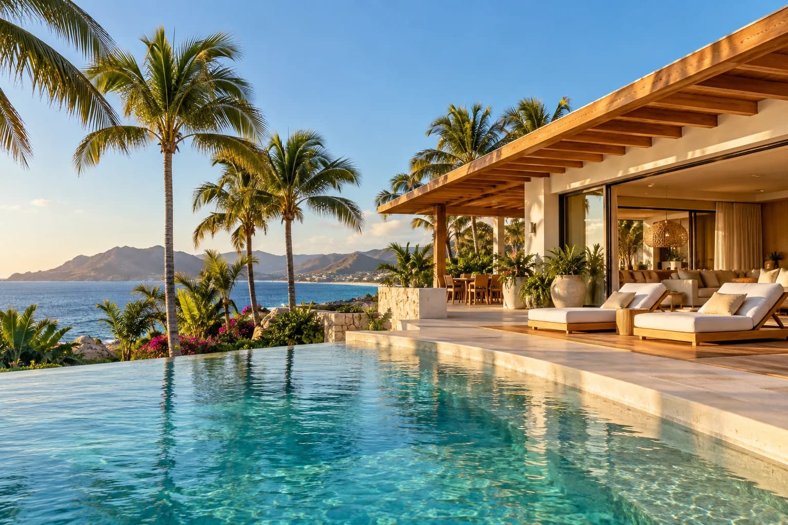 Villa de inspiración con terraza de madera y alberca frente al mar